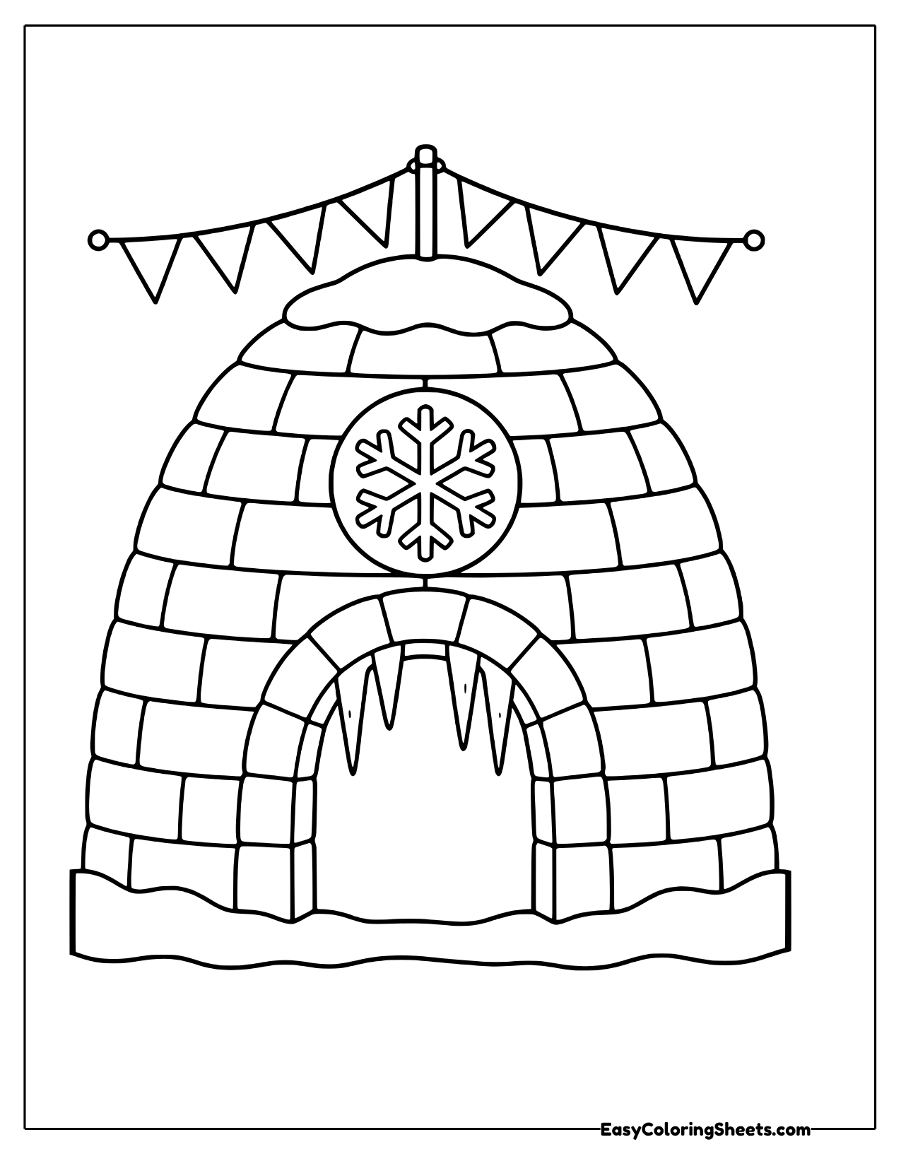 Igloo with snowflake bunting and icicles