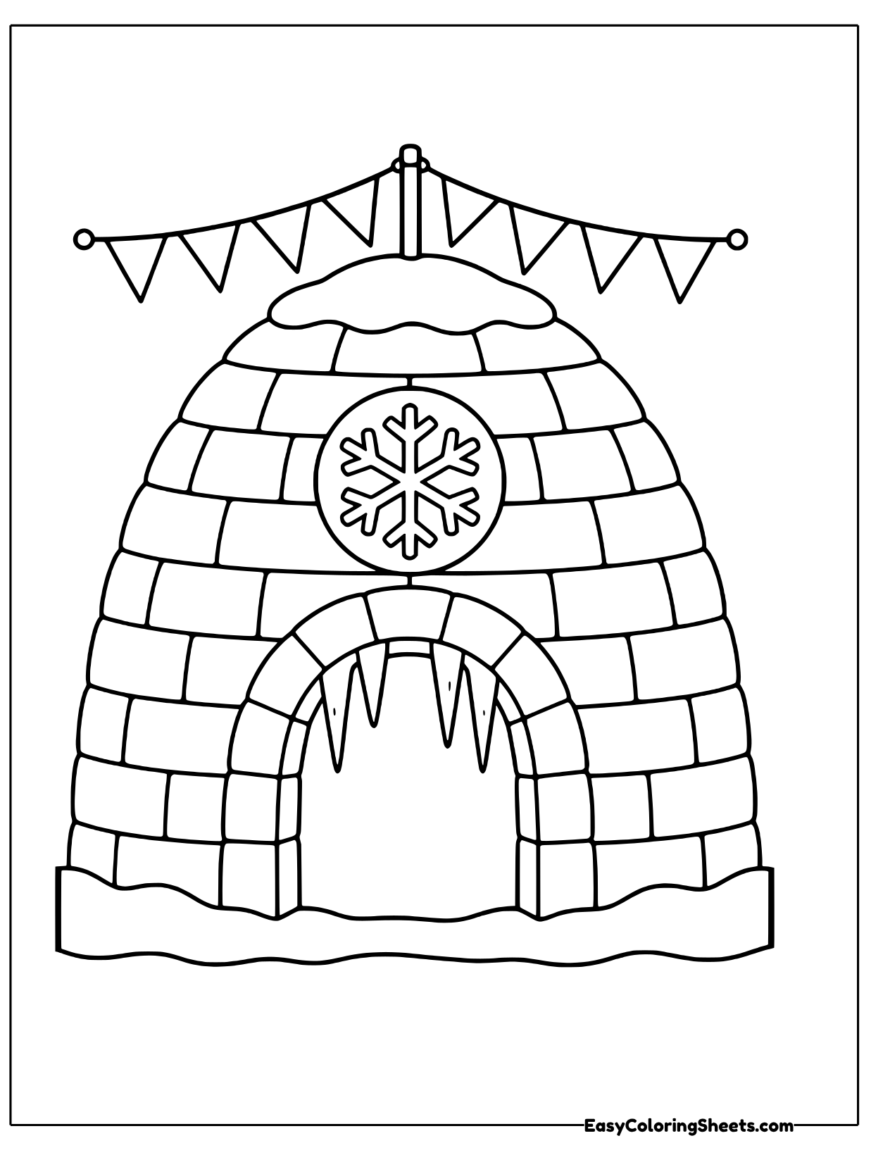 A string of triangle bunting flags stretches above this igloo, which has a snowflake emblem over its doorway and icicles.