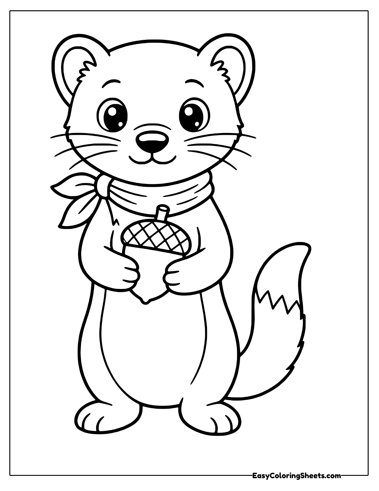 Weasel in a knotted scarf holding an acorn