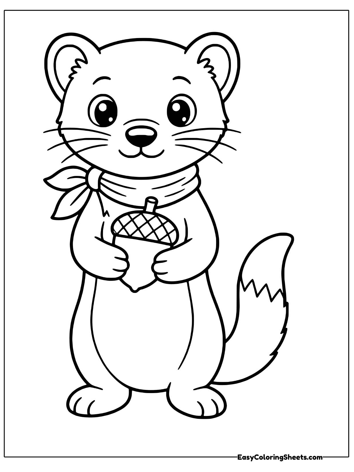 A cheerful weasel wears a little knotted scarf around its neck and holds an acorn in both paws.