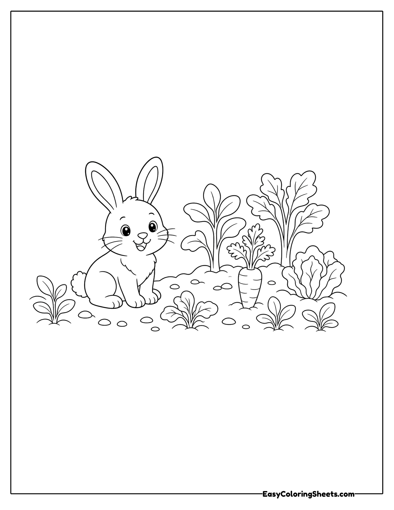 Bunny sitting in a vegetable garden with carrots and leafy plants