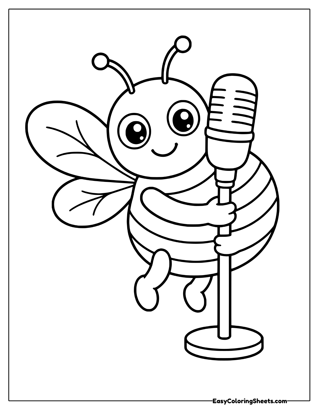 Smiling cartoon honeybee hugging a tall stage microphone coloring sheet