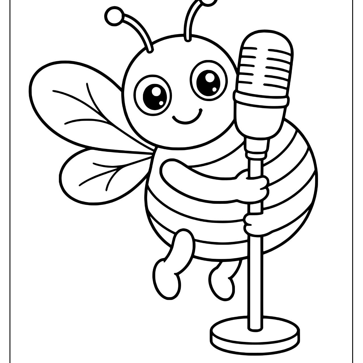 Smiling cartoon honeybee hugging a tall stage microphone coloring sheet