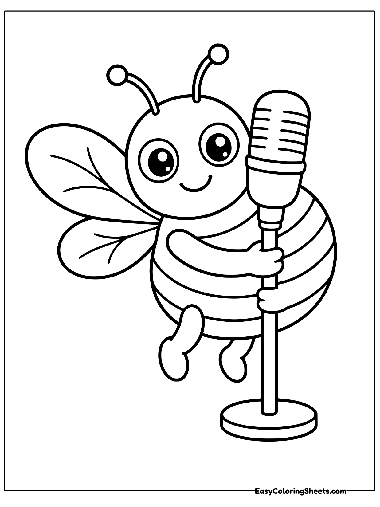 A cheerful cartoon honeybee hugs a tall stage microphone as if it is about to sing a show stopping hit.