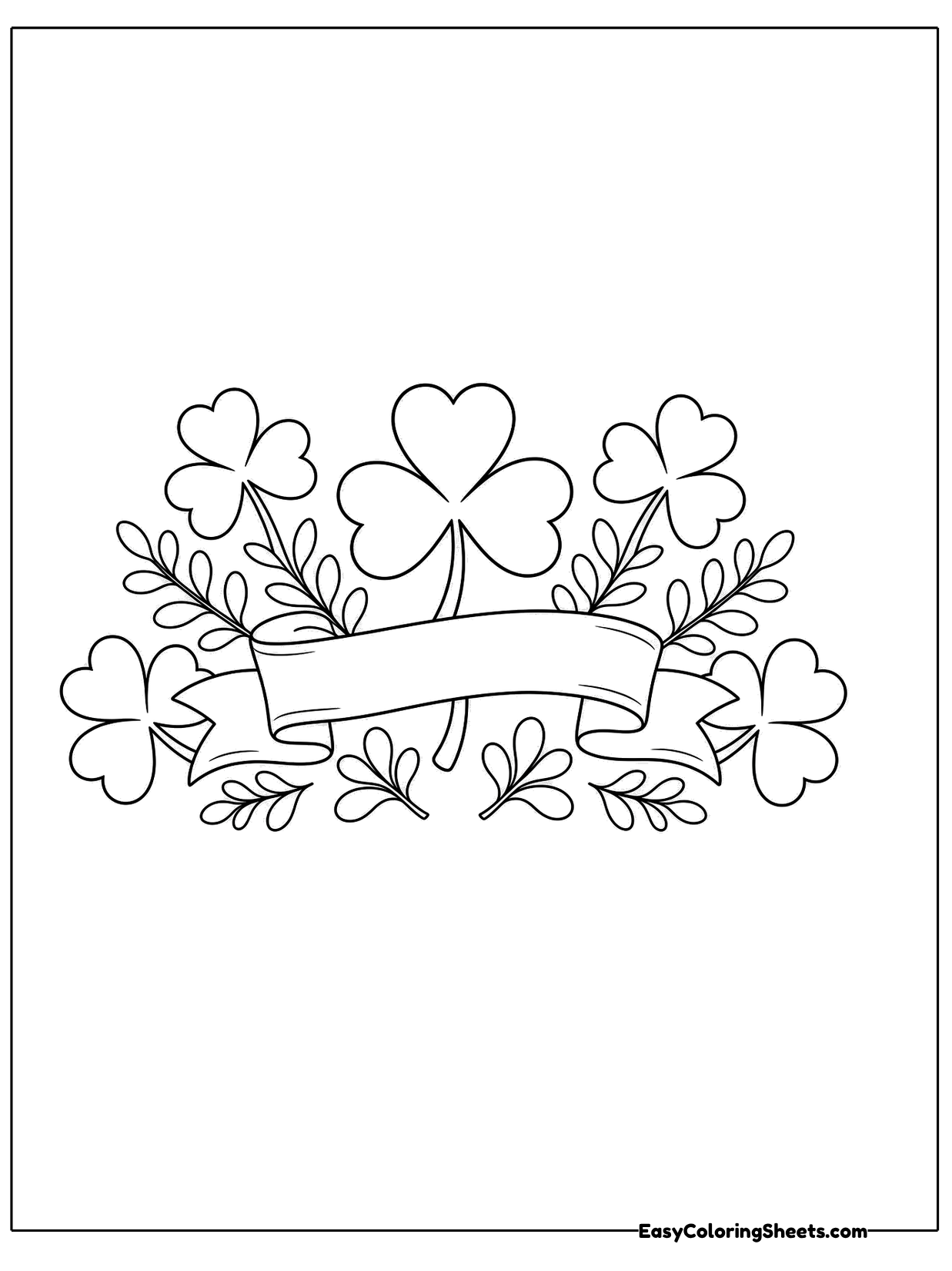 Shamrocks and leafy sprigs frame a blank ribbon banner in the middle of the page.