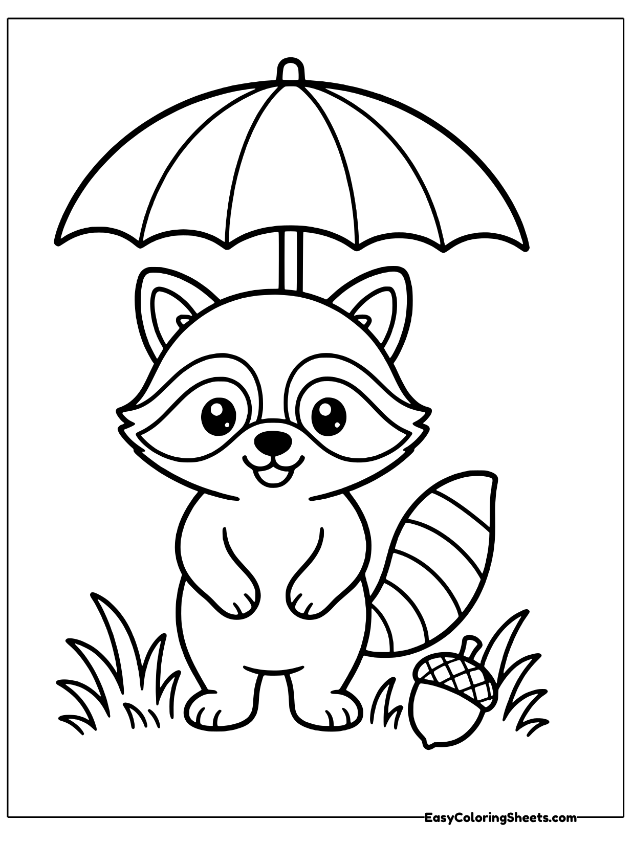 A raccoon stands in the grass under a big open umbrella, with an acorn beside its feet.