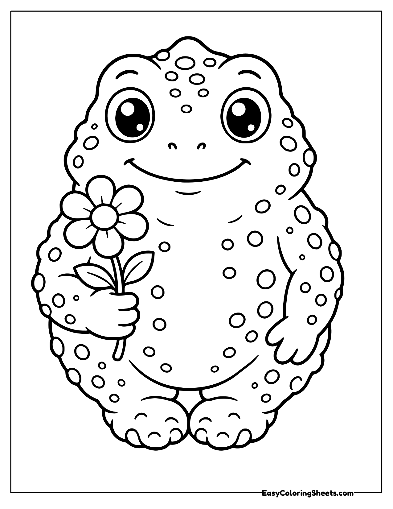 Chubby bumpy toad holding a daisy