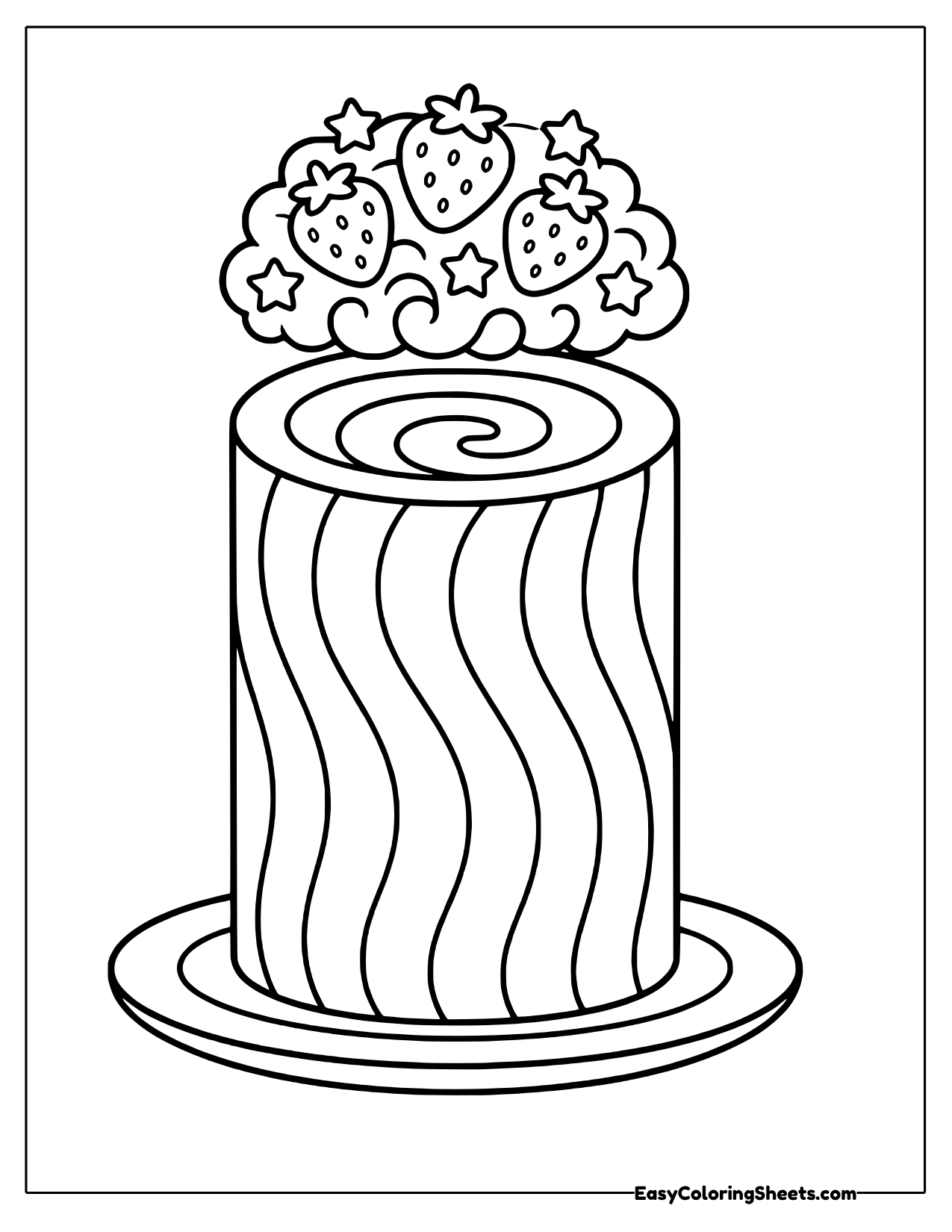 Swirled roll cake standing upright with berries