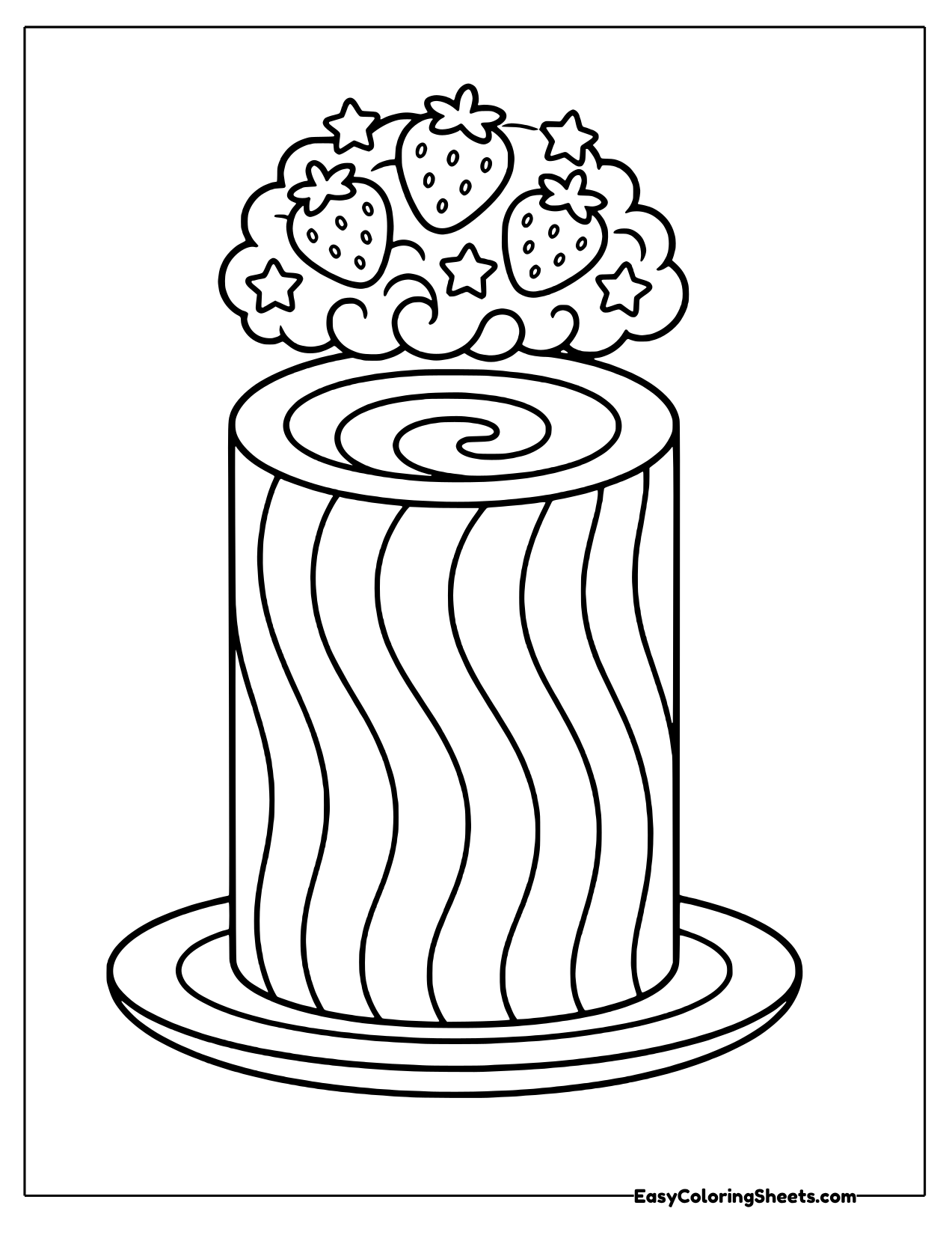 Swirled roll cake standing upright with berries