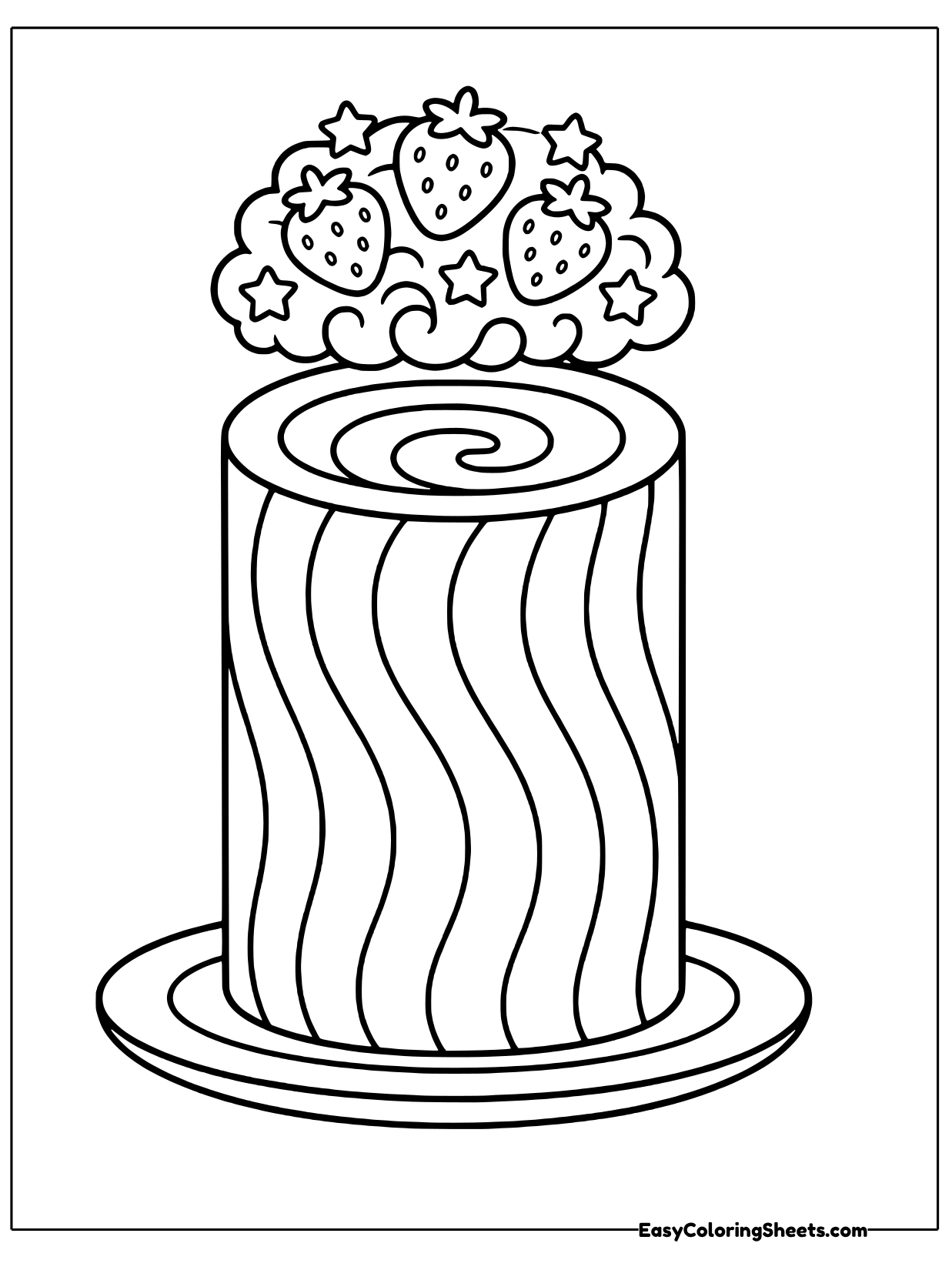 An upright roll cake shows a swirled spiral on its top and wavy patterns down its sides, crowned with strawberries.