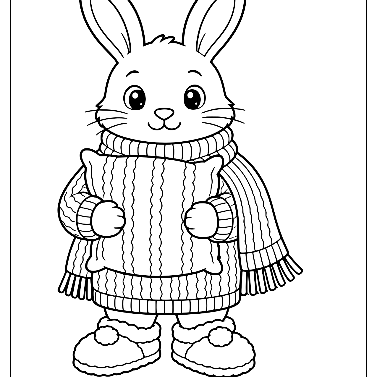 Bunny in a knit sweater, scarf and slippers hugging a pillow