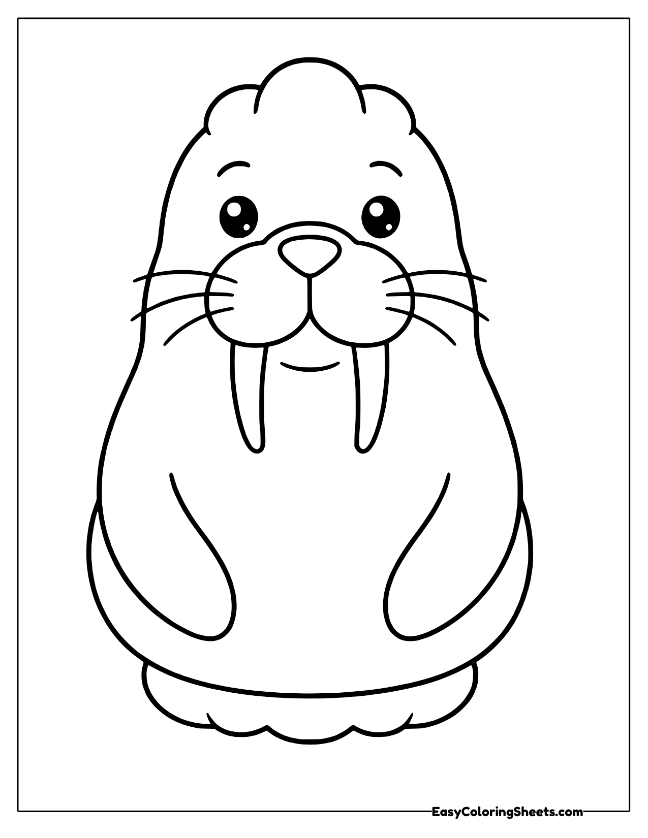 Tall sitting walrus with long tusks and whiskers