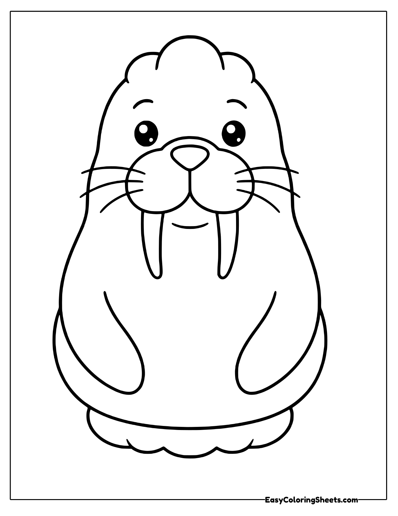 Tall sitting walrus with long tusks and whiskers