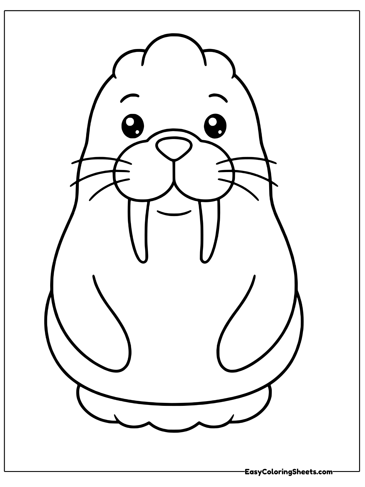 A big friendly walrus sits up tall with its long tusks, bushy whiskers and smooth round body filling the page.