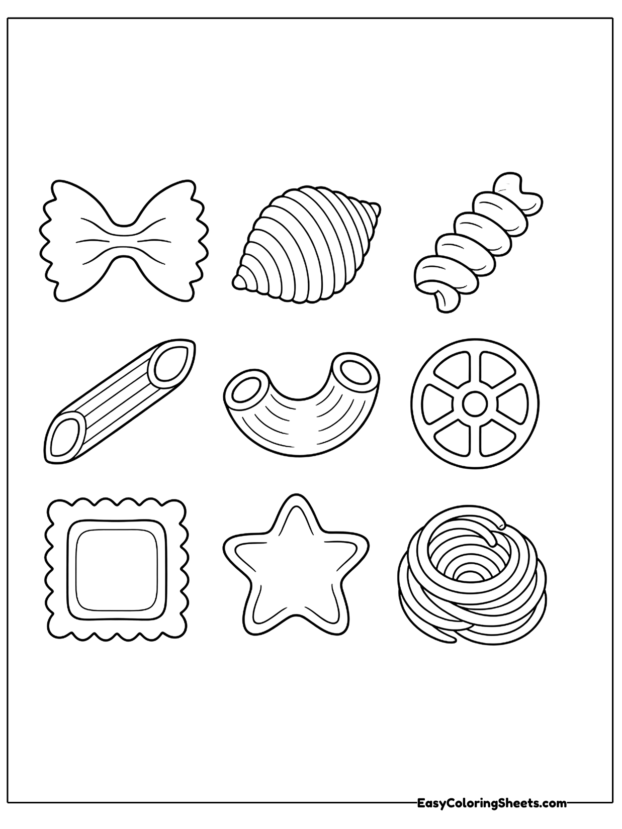 Different pasta shapes are laid out in rows, including bow ties, shells, spirals, penne, wheels, ravioli.