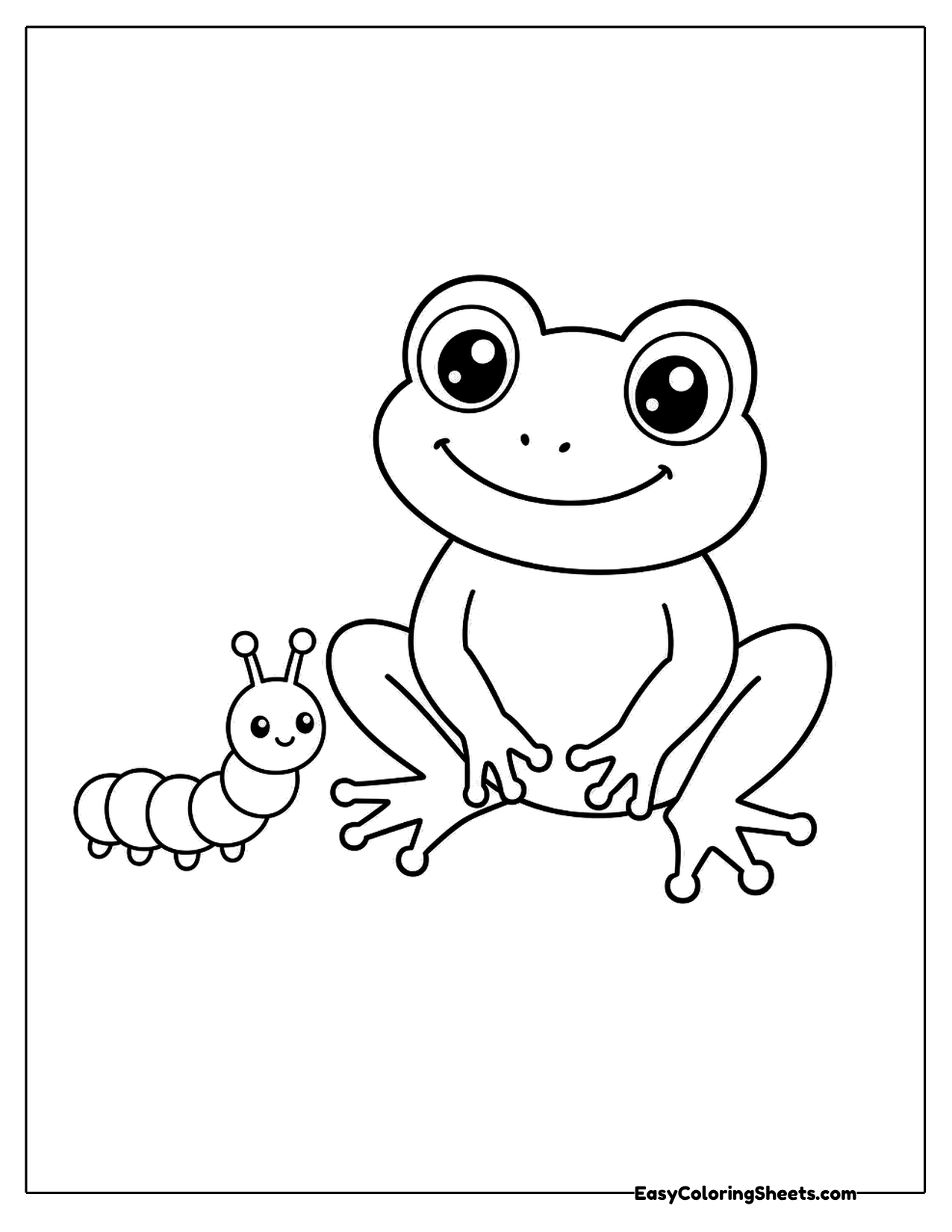 Frog sitting beside a small smiling caterpillar