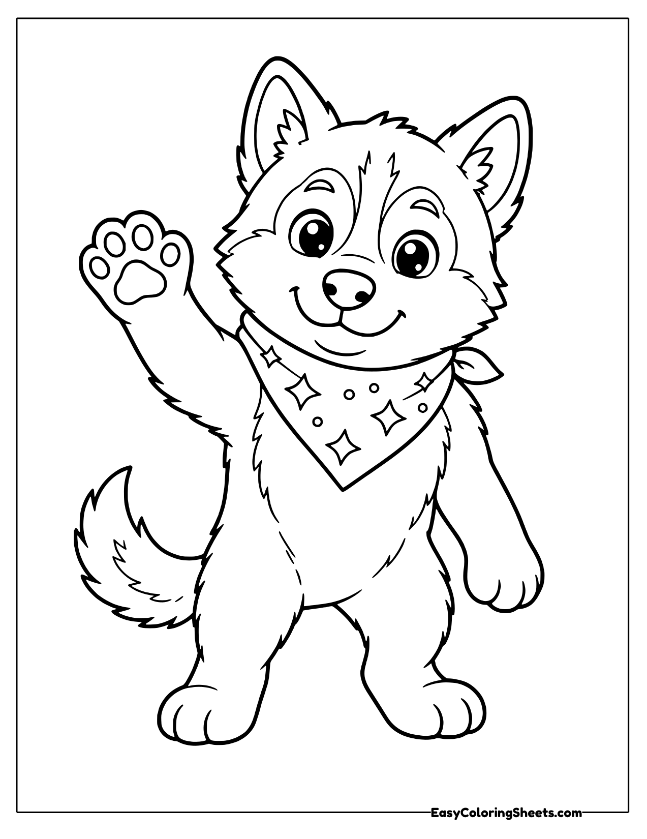 Husky in a bandana waving a paw