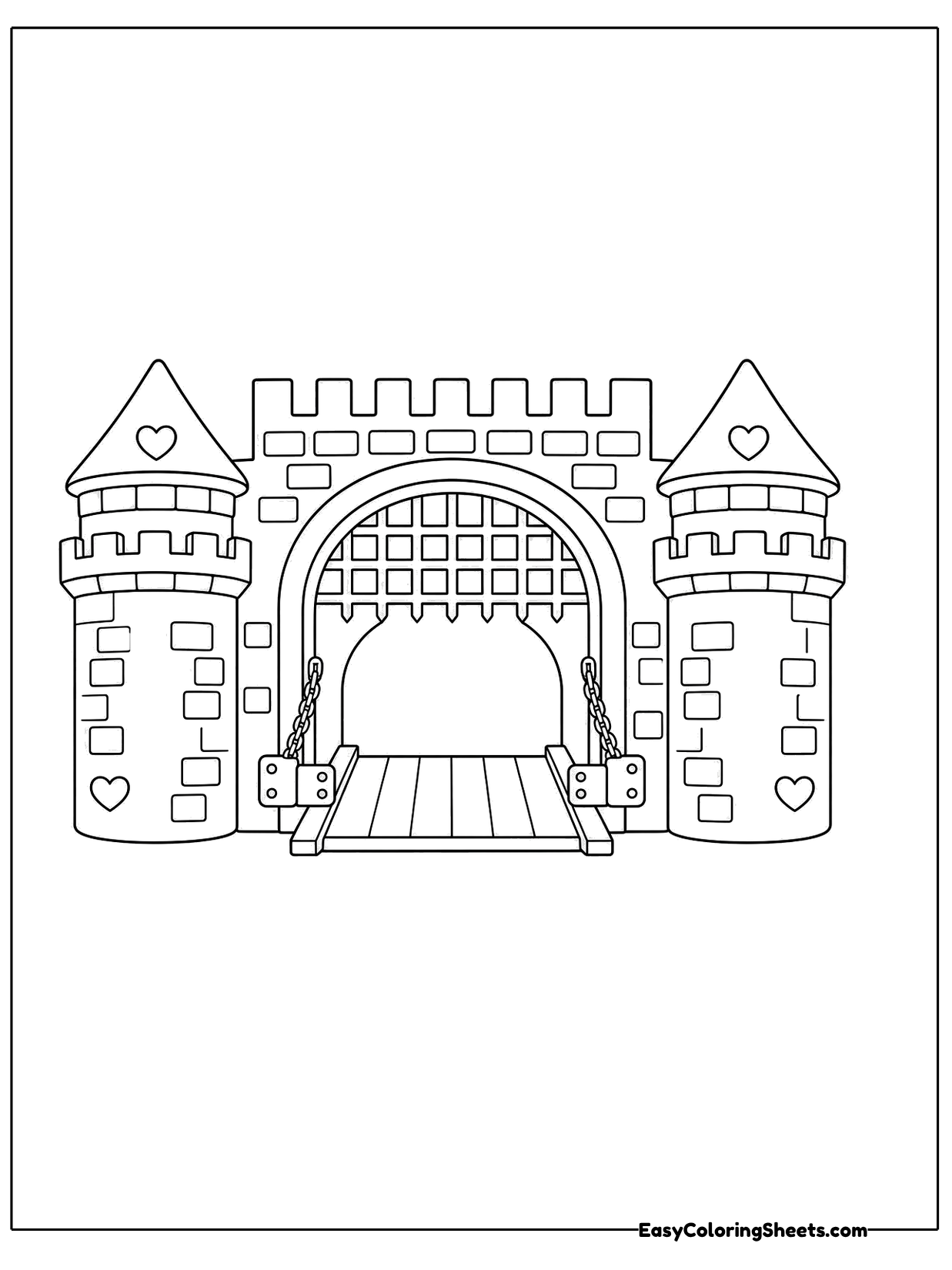 A wide stone castle gate with an arched entrance, raised portcullis and two flanking towers fills the page.