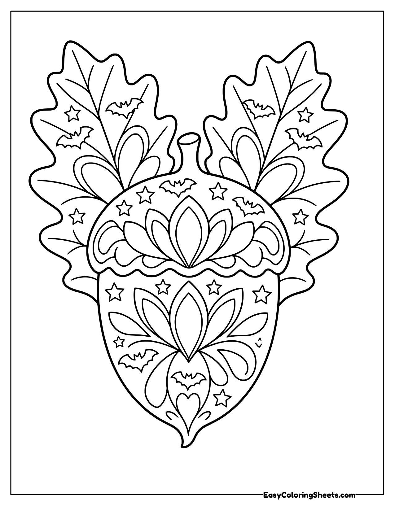Acorn and oak leaves mandala with lotus petals, small bats and stars