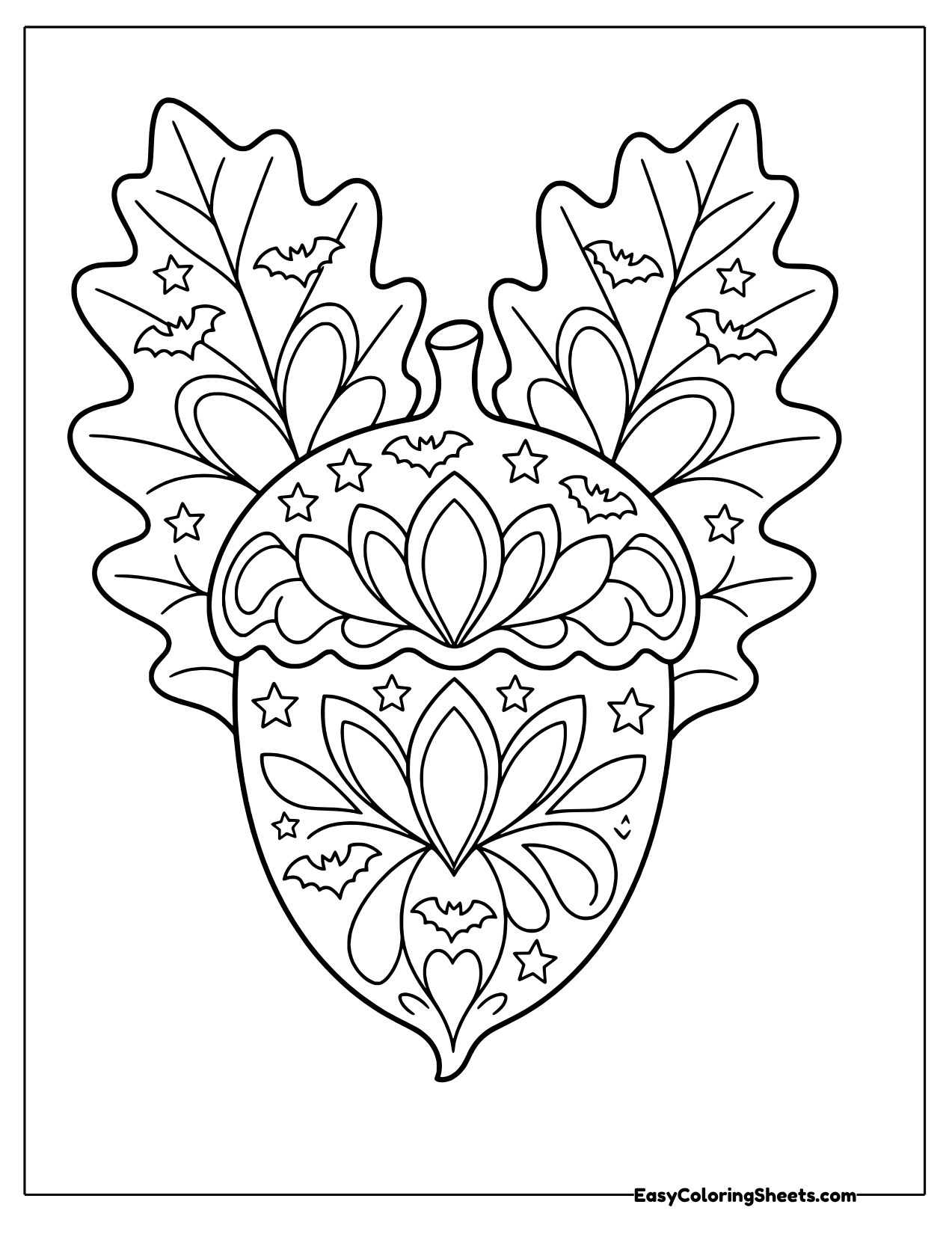 Acorn and oak leaves mandala with lotus petals, small bats and stars