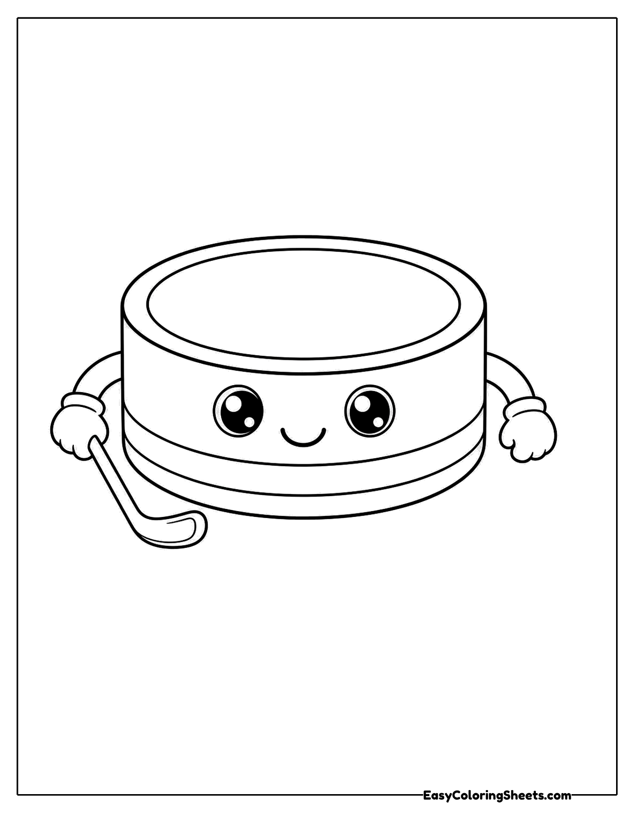 Hockey puck character with a face and a little stick