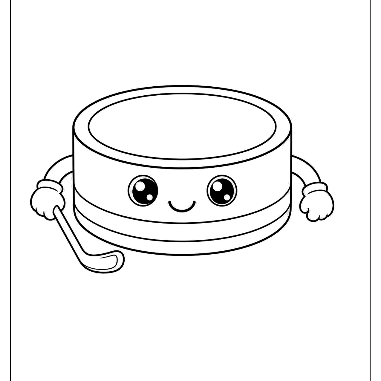 Hockey puck character with a face and a little stick