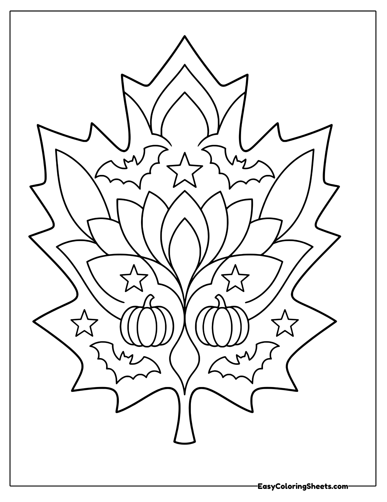 Maple leaf mandala with lotus petals, bats, stars and two small pumpkins