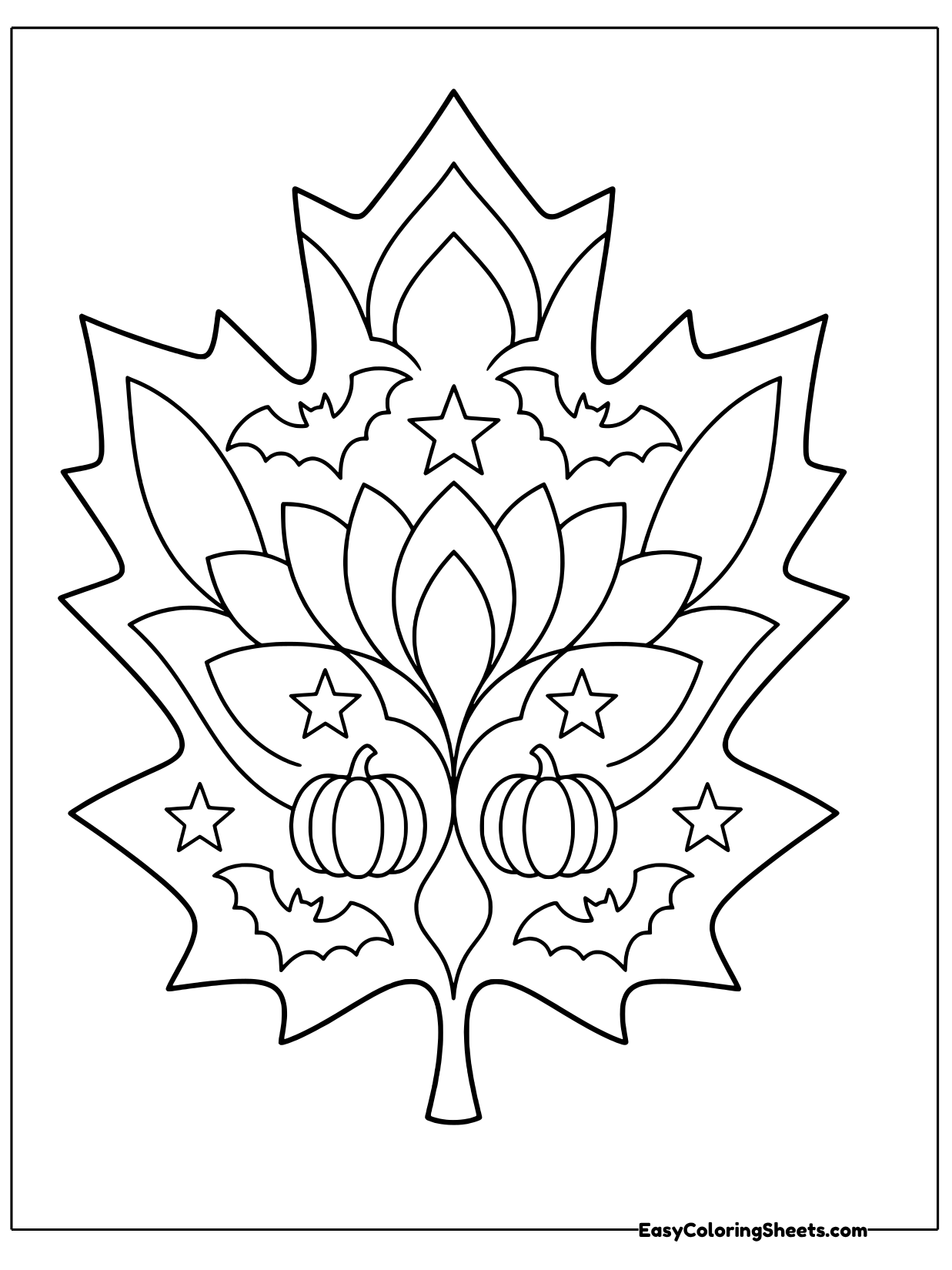 A large pointed maple leaf is filled with an autumn mandala of tall lotus petals, tiny bats and twinkling stars.