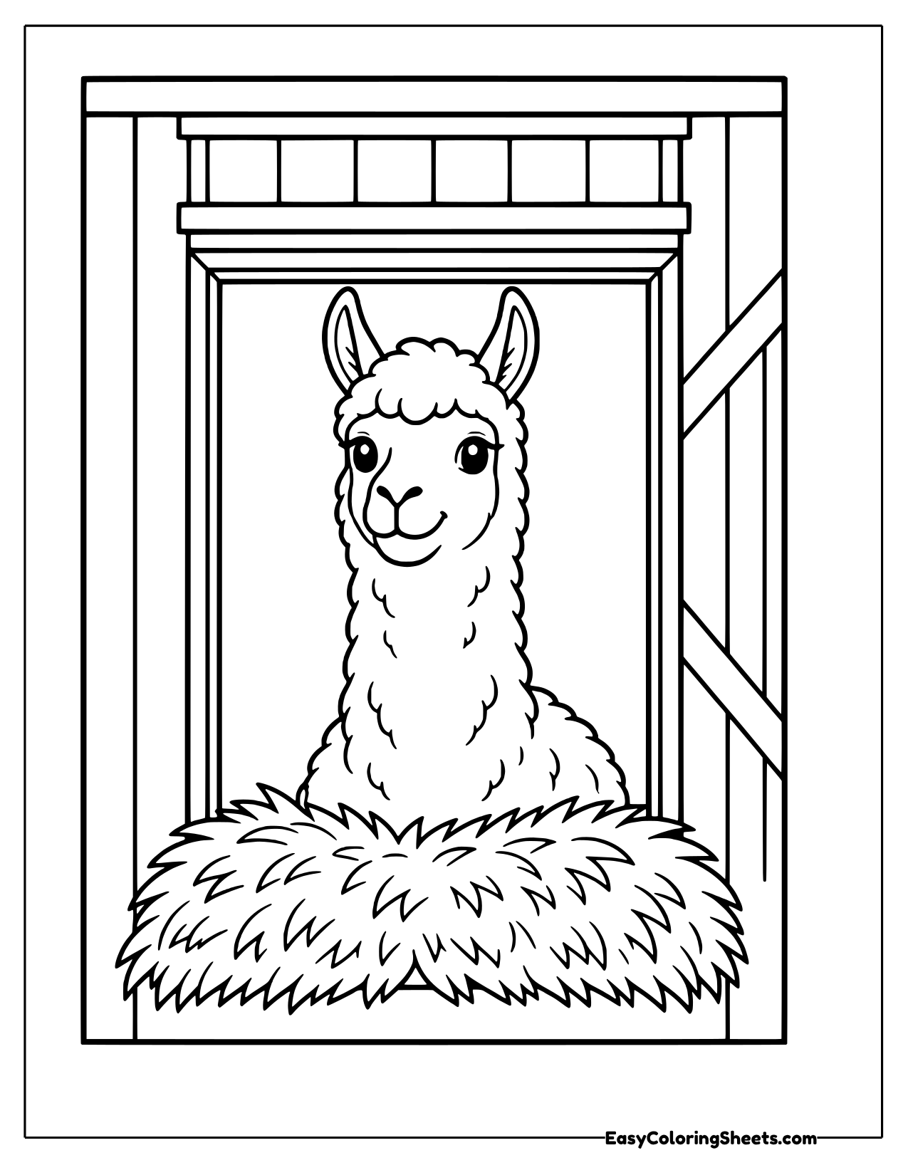 Llama resting in a hay nest inside a barn loft
