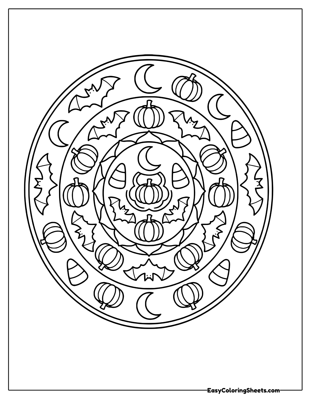 Tall oval mandala with pumpkins, bats and moons