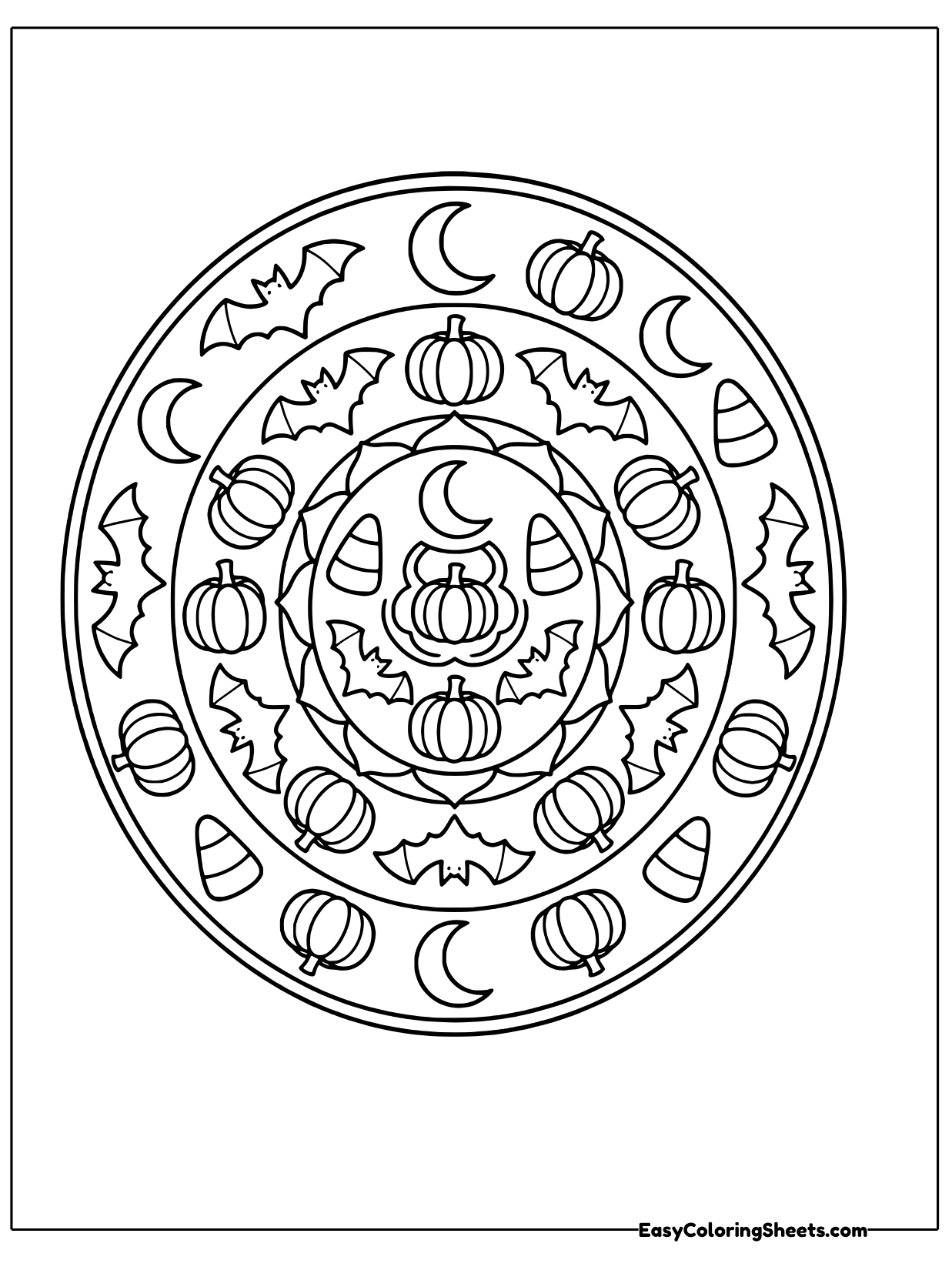 This tall oval mandala layers small pumpkins, bats and crescent moons in rings around a central moon and star.