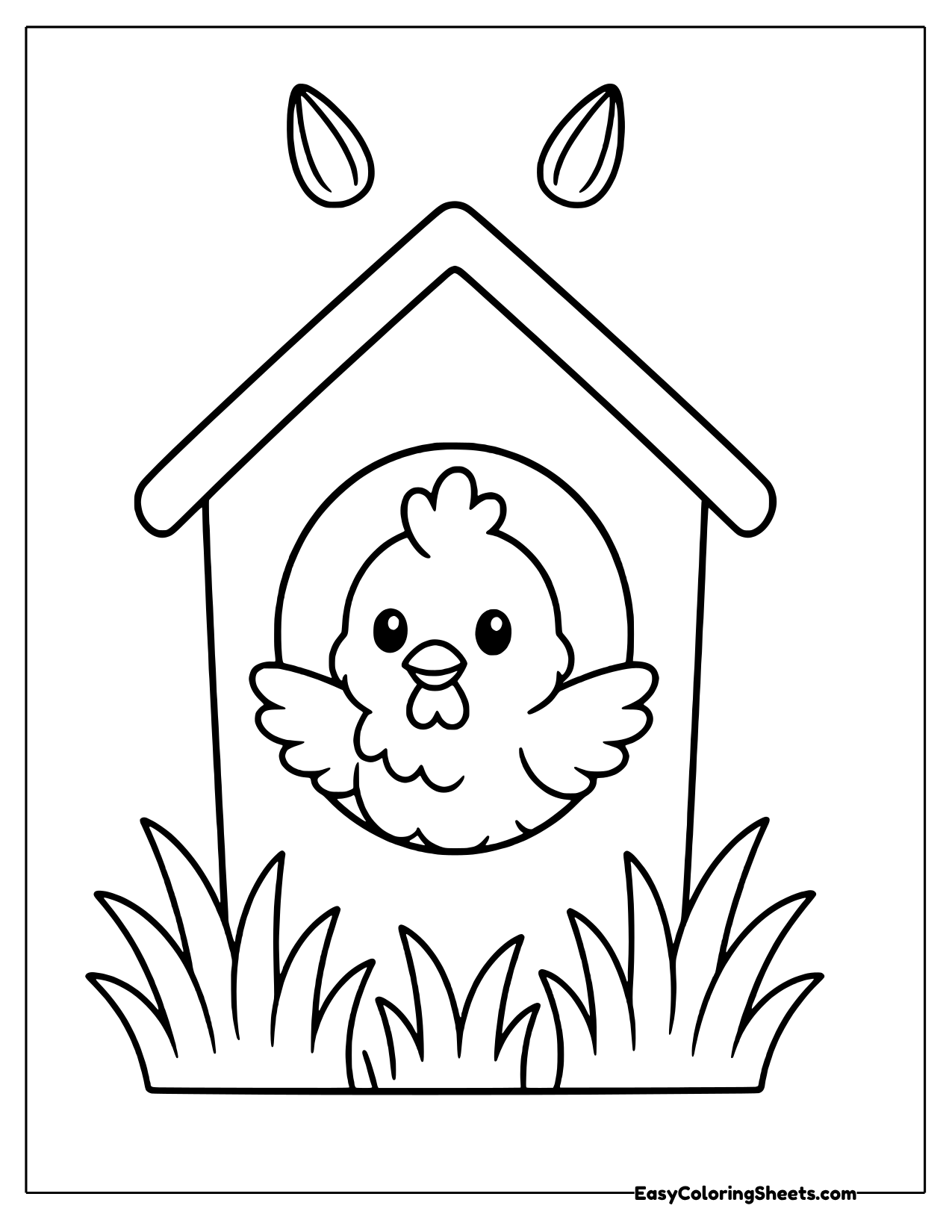 Chicken peeking from a wooden coop house
