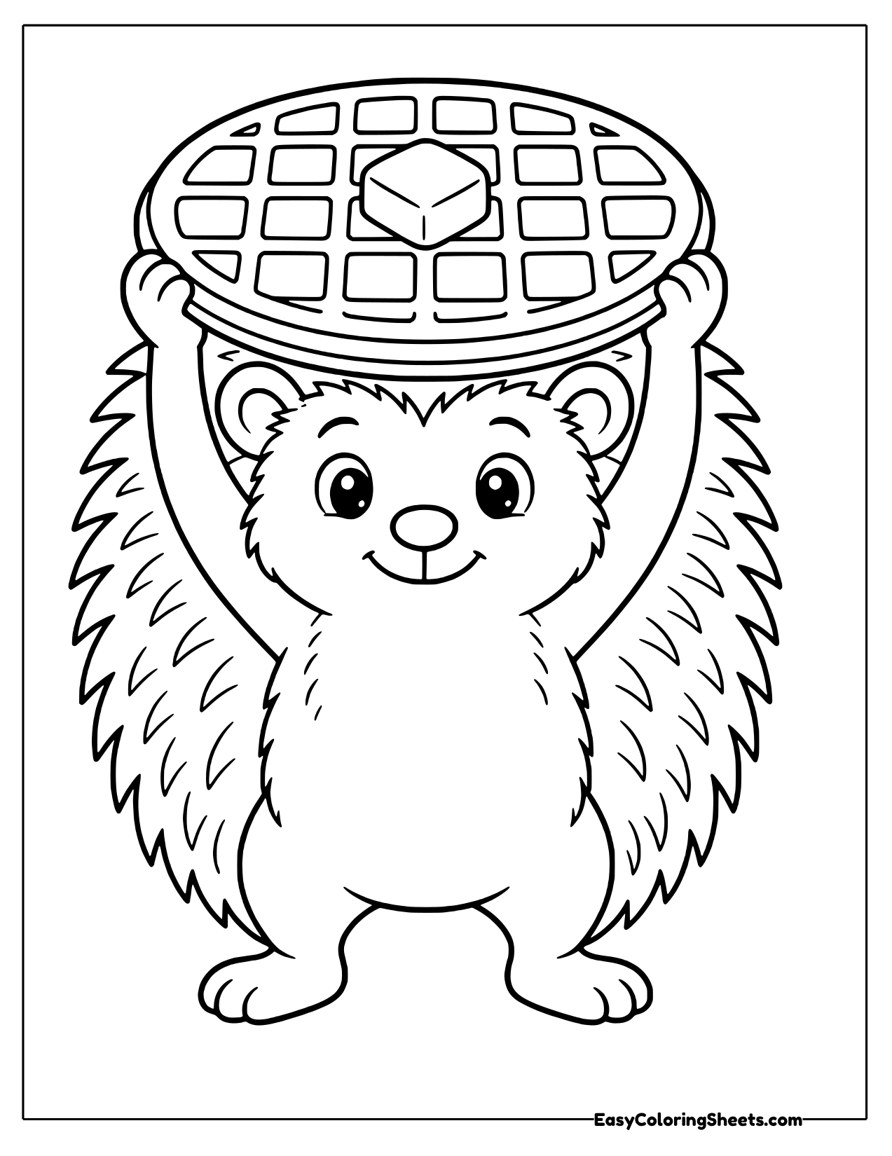 Smiling hedgehog holding a round waffle topped with butter