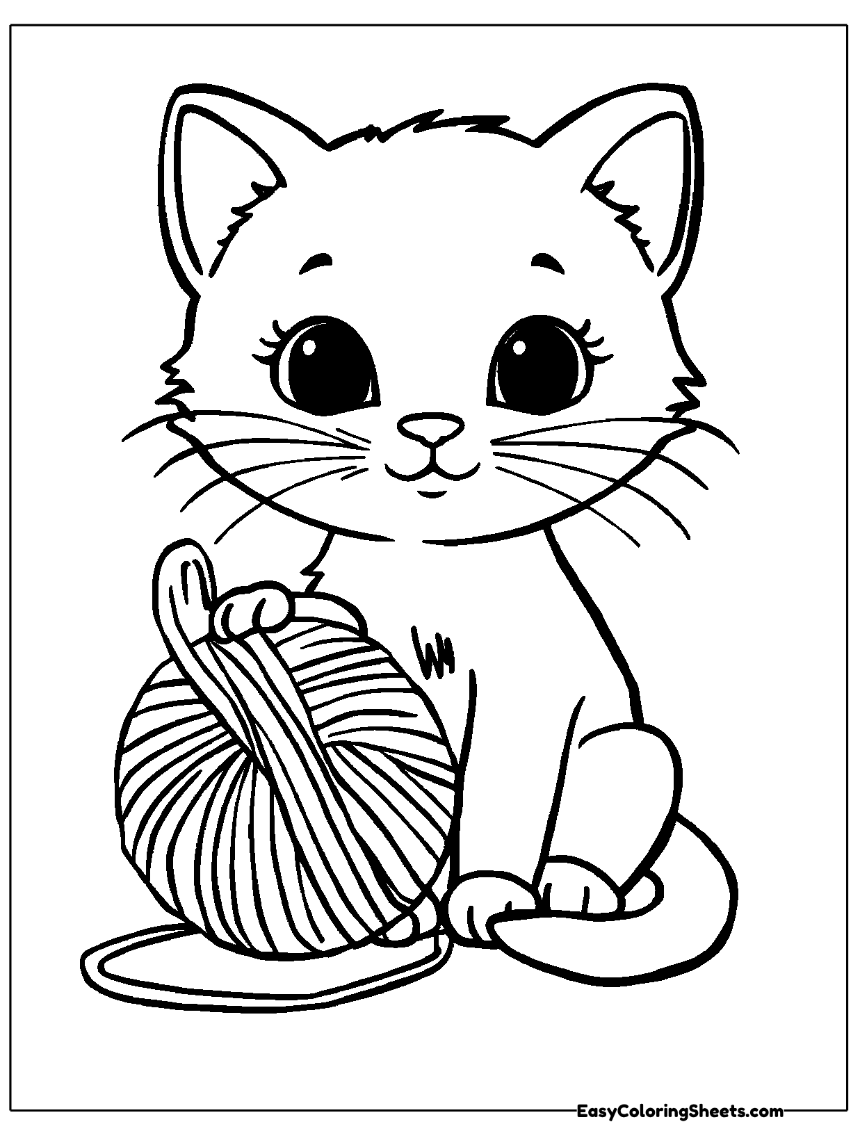 A cat with huge sparkling eyes sits beside a large ball of yarn with a loose strand trailing across the floor.