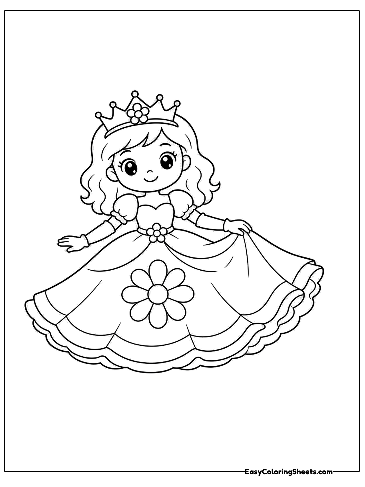 A princess with a small crown stands in a wide flowing gown covered in flower patterns.