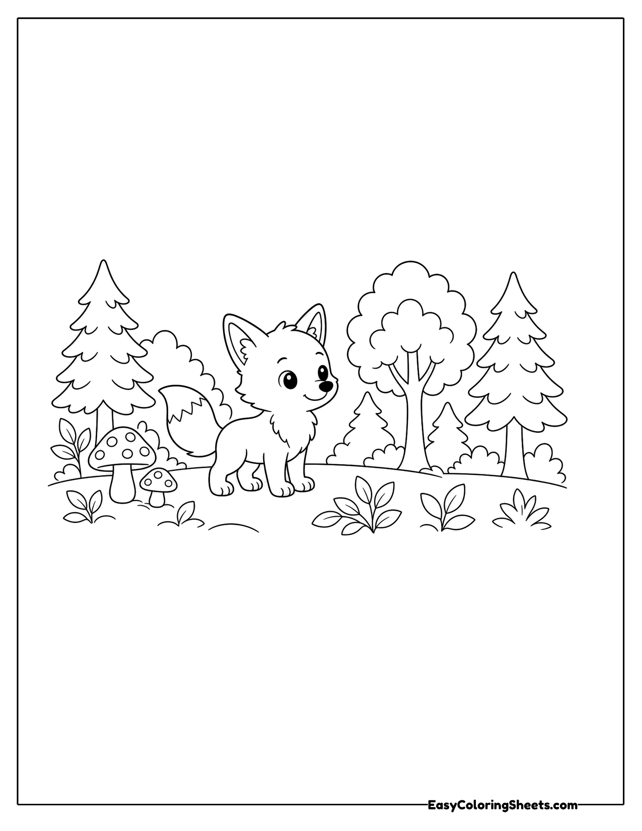 Small fox standing in a woodland clearing among trees and ferns