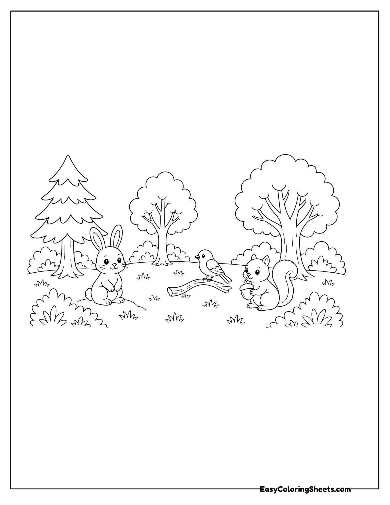 Forest clearing with a bunny, squirrel and bird among trees