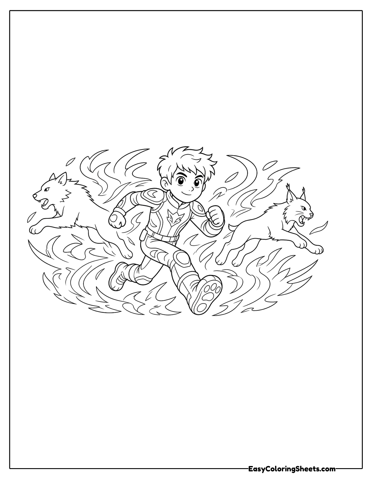 Young explorer leaping through a swirl of animal energy