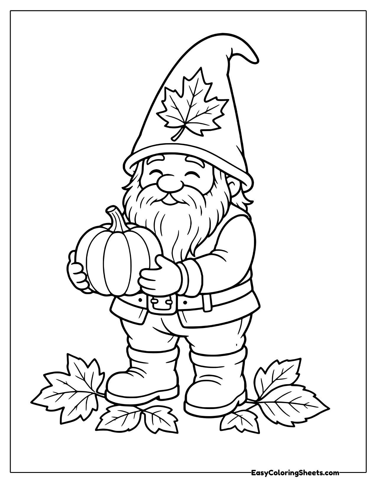 Autumn gnome holding a pumpkin with fall leaves at his feet