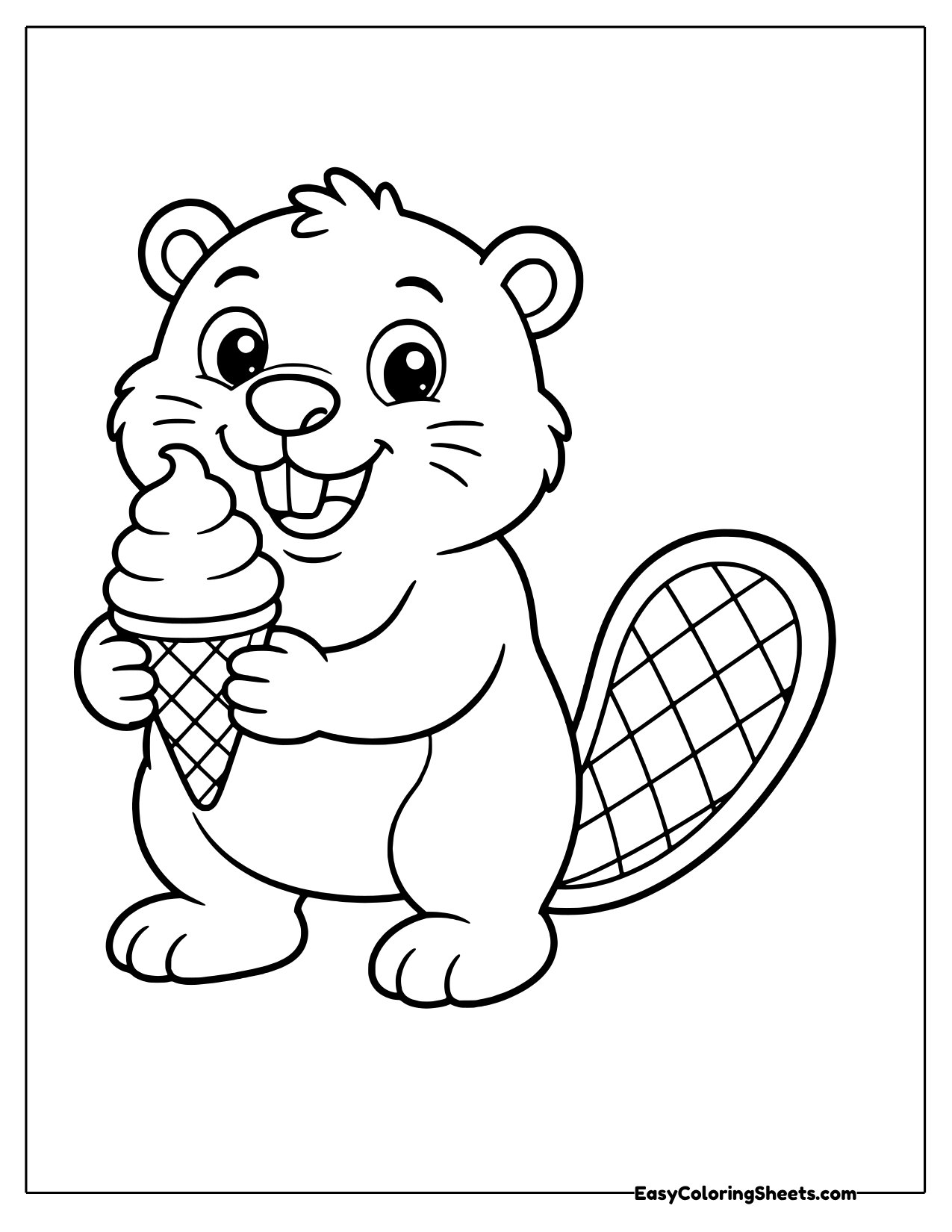 Smiling beaver holding a soft serve ice cream cone