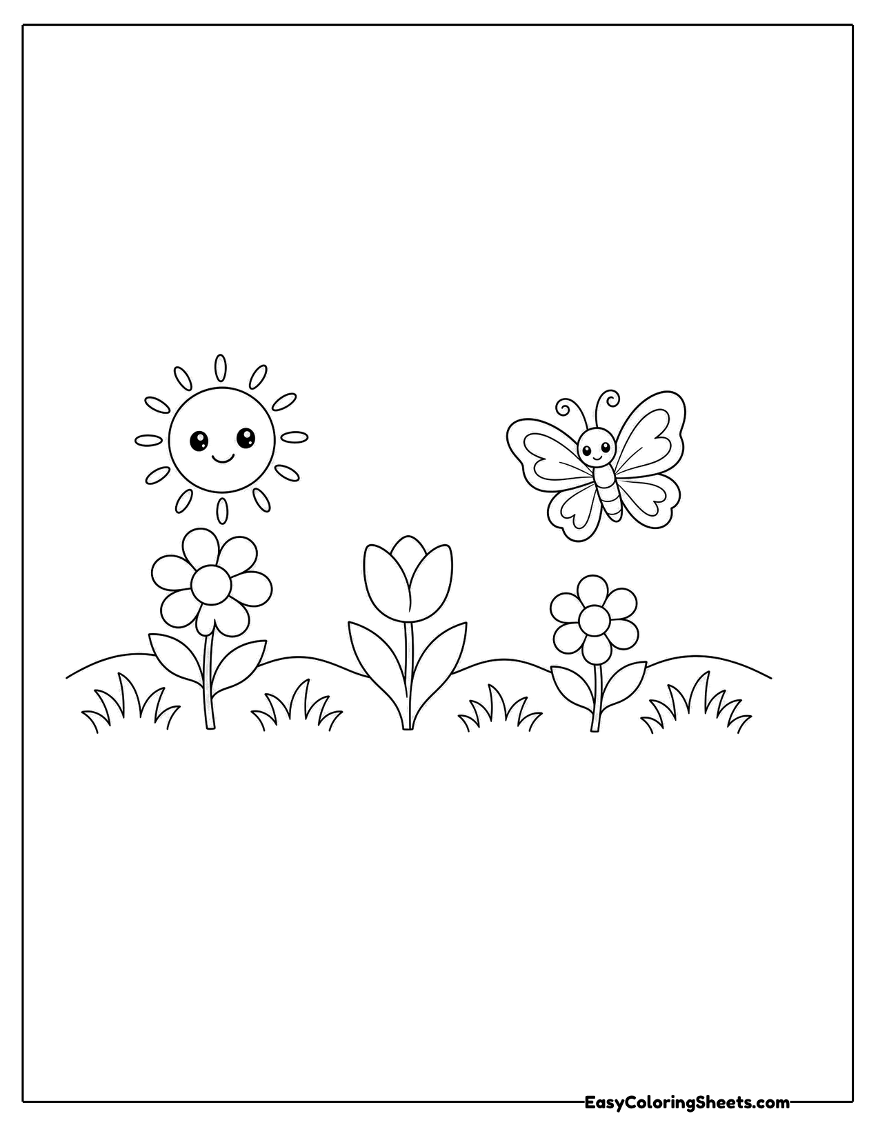 Spring meadow with flowers, a sun and a butterfly
