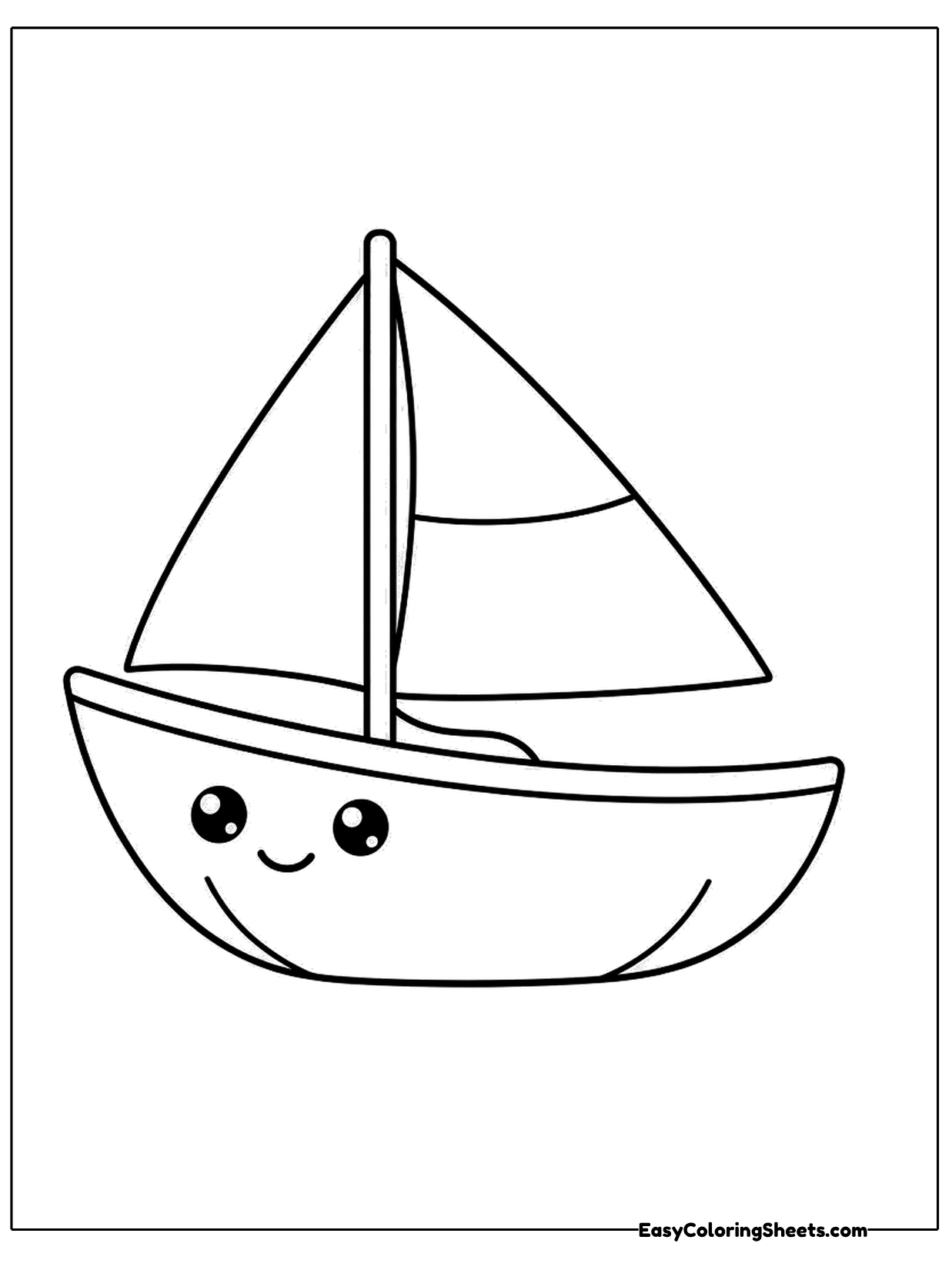 A cheerful little sailboat grins from its curved hull on this nautical page.