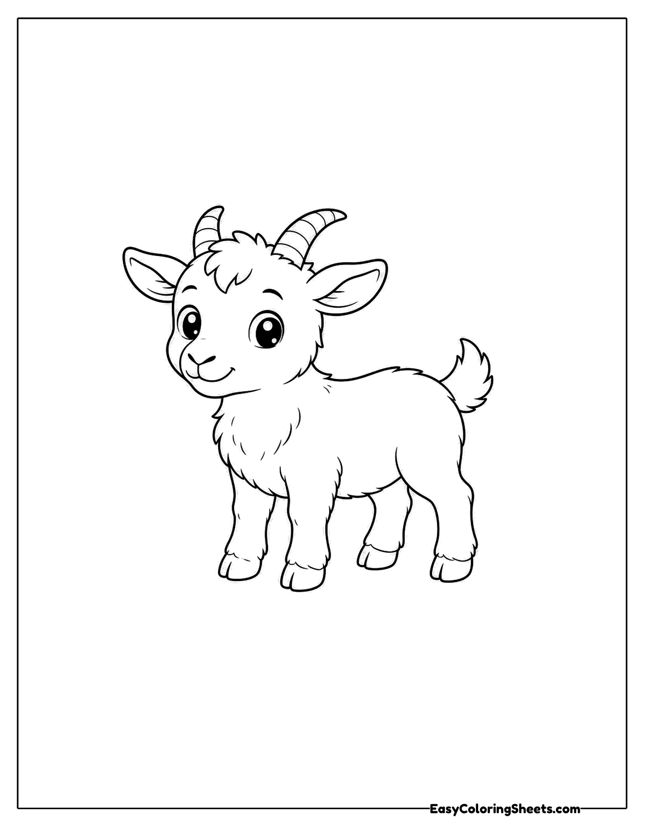 A small goat stands on four slender legs and grins at the viewer.