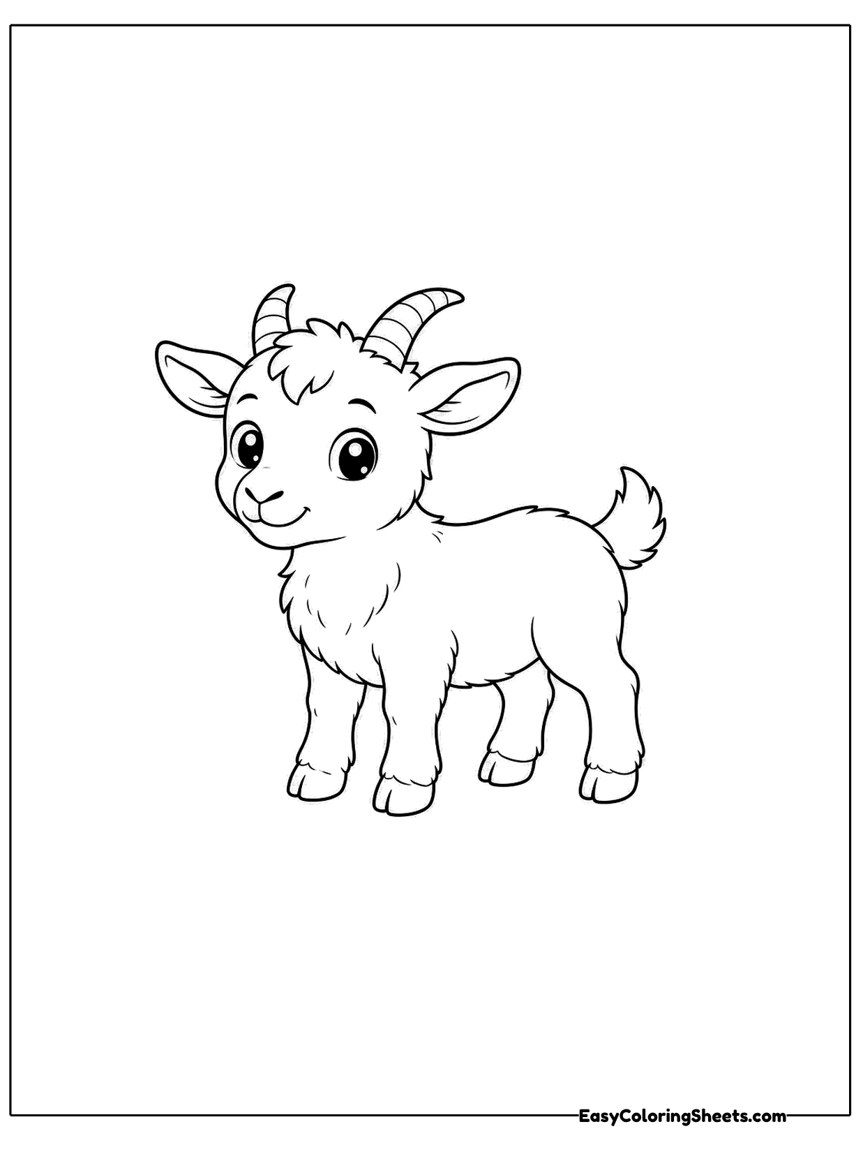 A small goat stands on four slender legs and grins at the viewer.