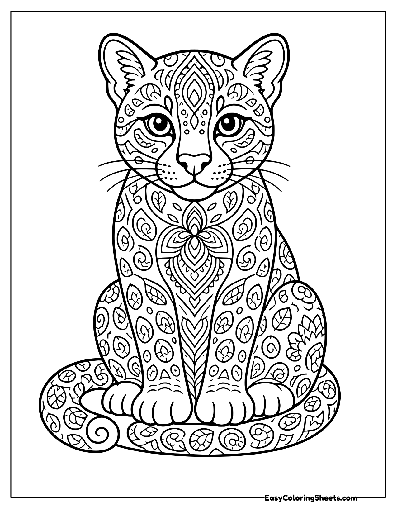 A sitting ocelot is filled with mandala patterns across its body and curled tail.