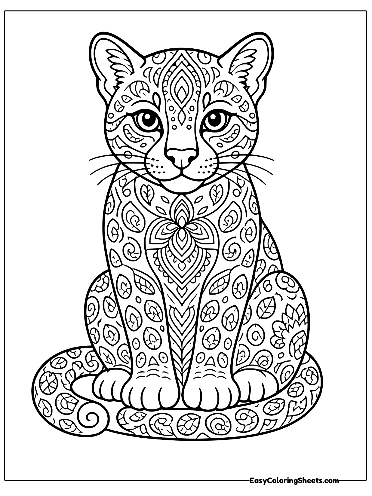 A sitting ocelot is filled with mandala patterns across its body and curled tail.