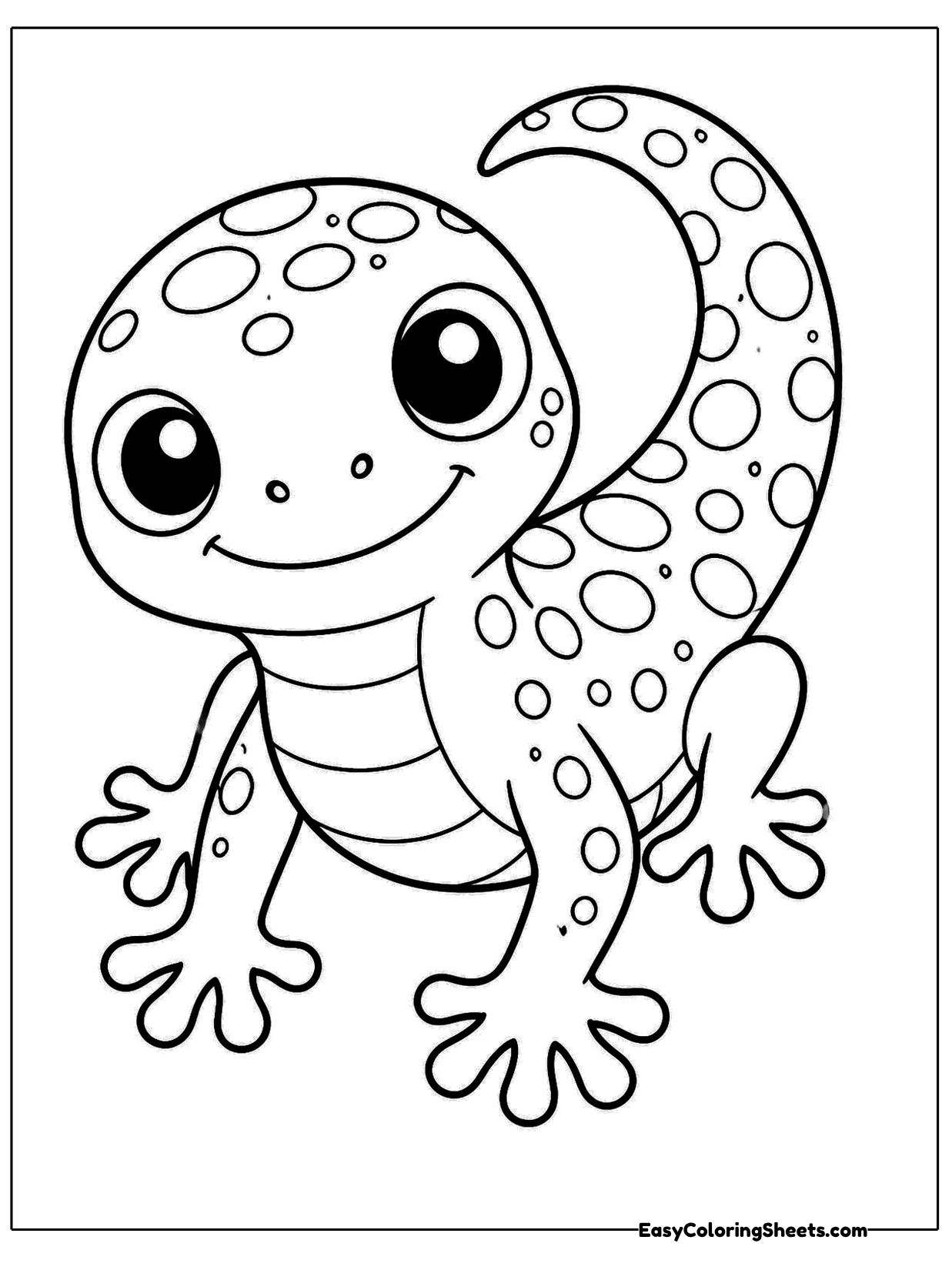 A large lizard covered in spots fills the page, smiling with huge round eyes while its tail curls up high behind its head.