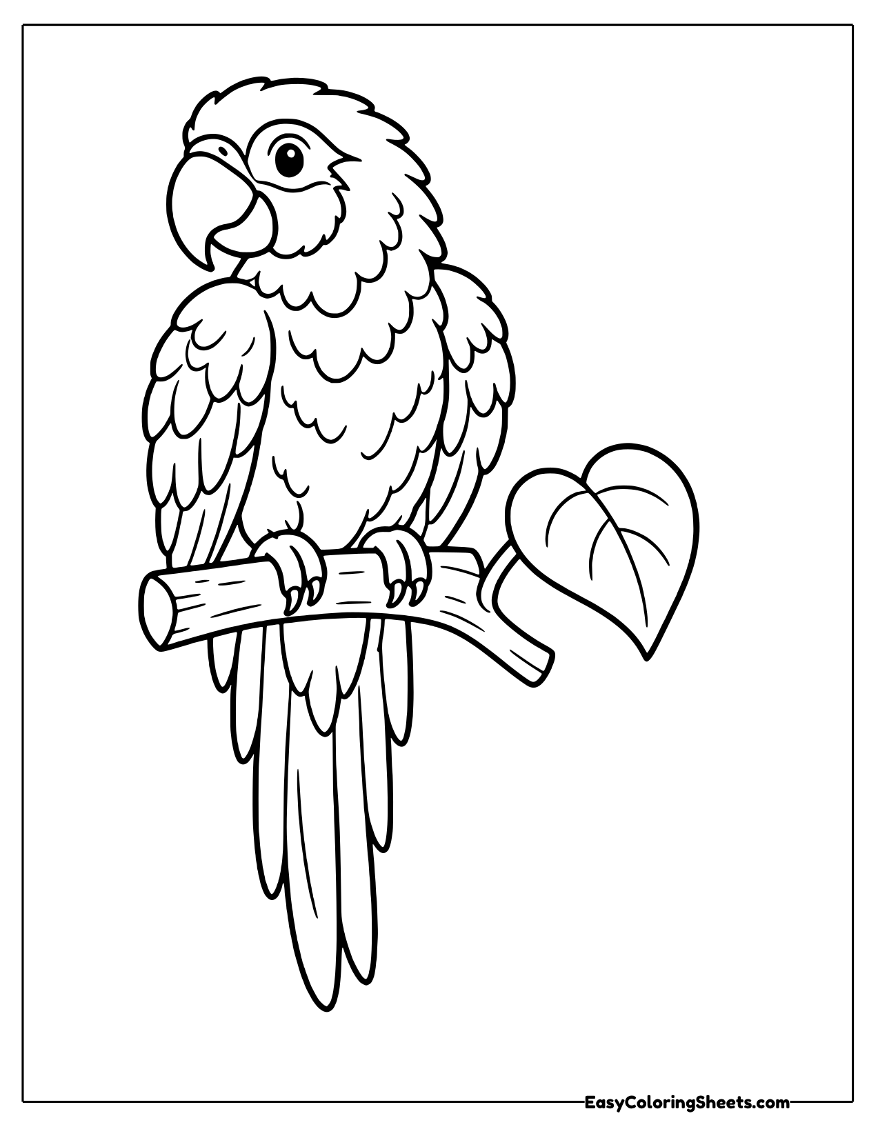 Macaw perched beside a heart-shaped leaf