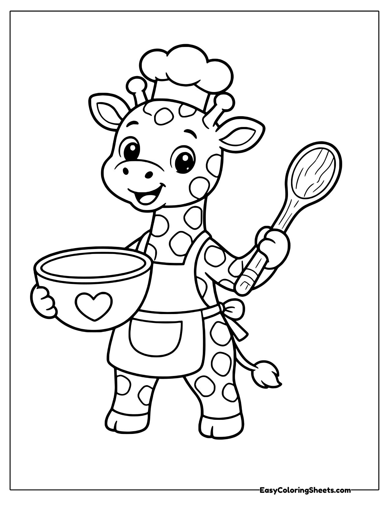 Giraffe chef in a hat and apron holding a whisk and mixing bowl