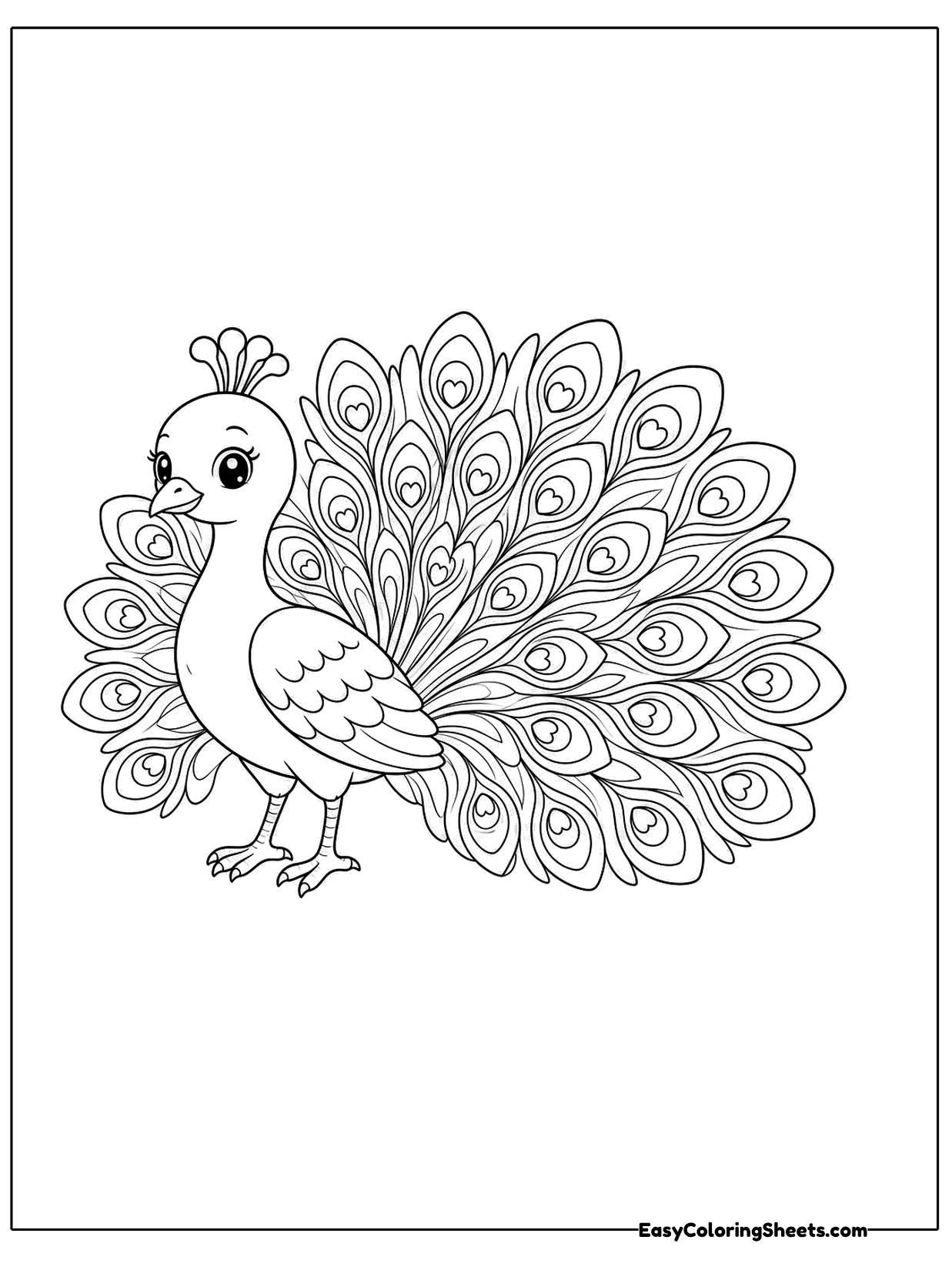 A peacock stands proudly with tail feathers that form heart shapes in the pattern.